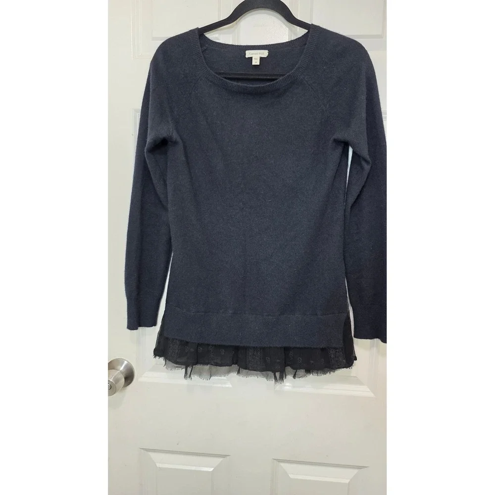 Garnet Hill Sweater Womens XS Black Cashmere Lace Hem Layered Knit Dark Grunge